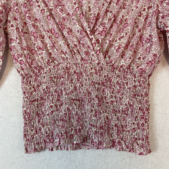 Y2K Faded Glory Top Sz S Pink Ditsy Floral Cottage Smocked Surplice Ruffle - Picture 2 of 6